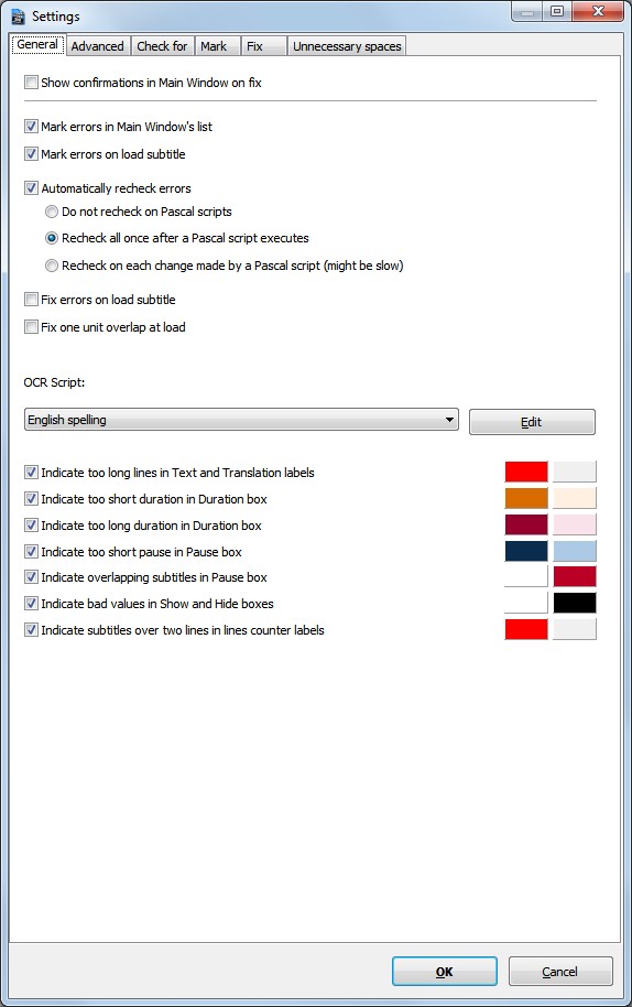 Error Settings General Window Error Settings General